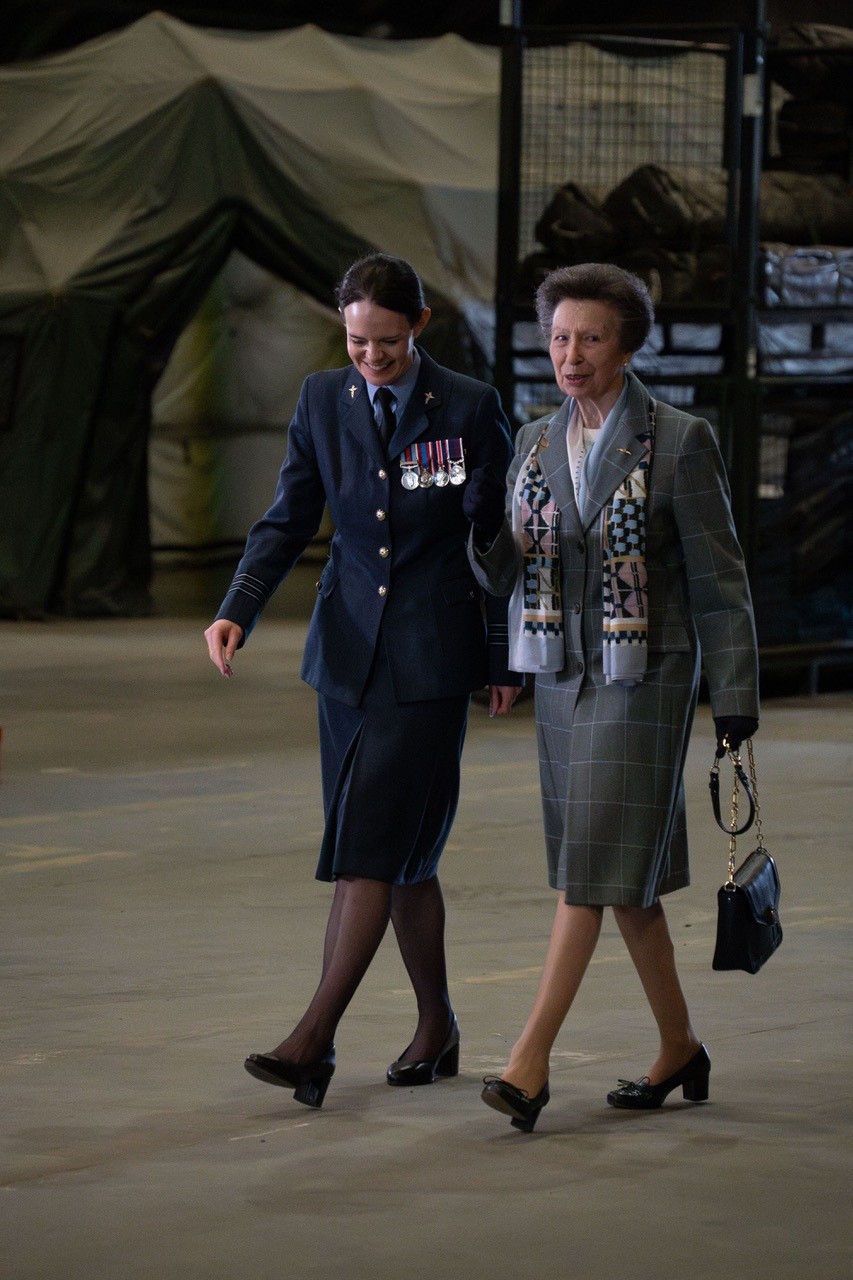 Her Royal Highness The Princess Royal walks with Wing Commander Rosie, Officer Commanding Tactical Medical Wing